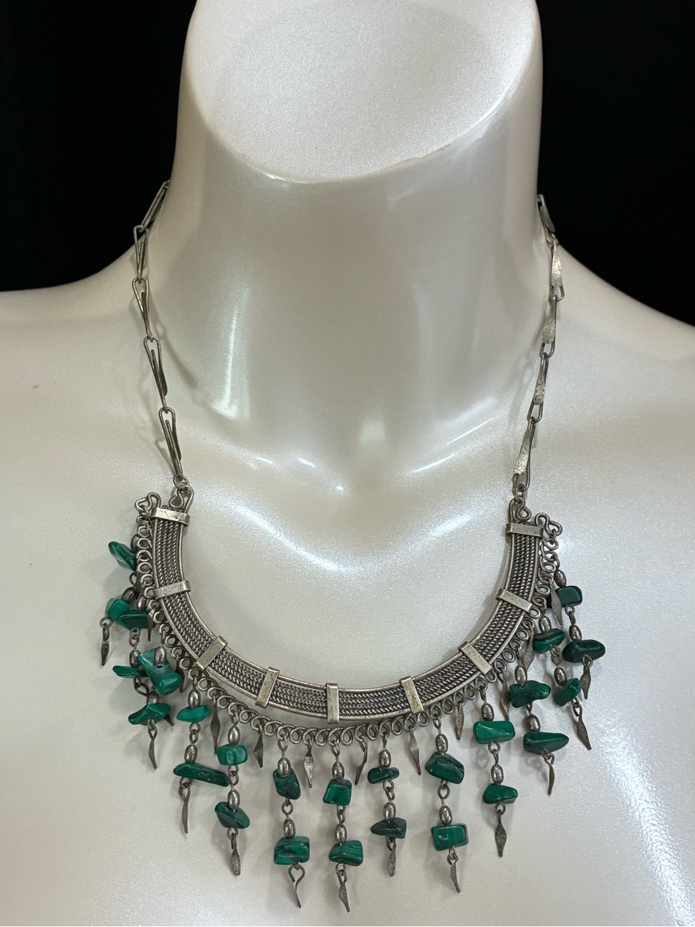 Handmade VTG Alpaca Silver with Malachite Chips Statement Bib Necklace Boho Chic